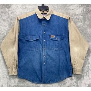 Ruff Hewn‎ Mens Shirt Large Blue w/Beige Long Corduroy Sleeves Cotton USA Made